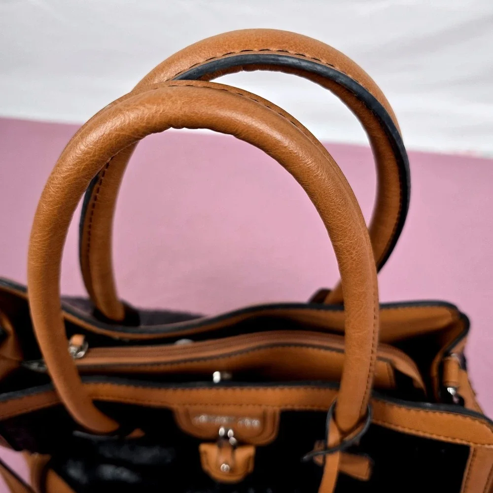 London Fog Black Ostrich Embossed Cognac Brown Satchel Handbag w/ Shoulder Strap